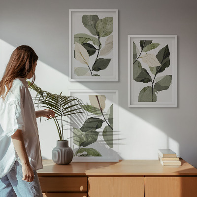 Set di 3 quadri Foglie di piante dipinte in stile boho