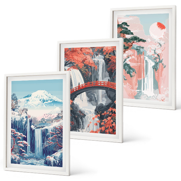 Set di 3 quadri Cascate montagne ponte alberi