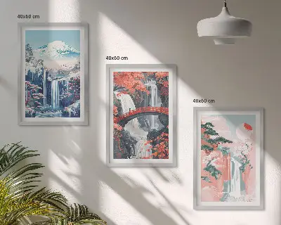 Set di 3 quadri con cascate, montagne, ponte e alberi