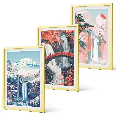 Set di 3 quadri con cascate, montagne, ponte e alberi