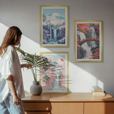 Set di 3 quadri con cascate, montagne, ponte e alberi