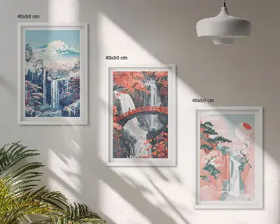 Set di 3 quadri con cascate, montagne, ponte e alberi