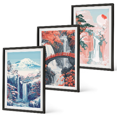 Set di 3 quadri Cascate montagne ponte alberi