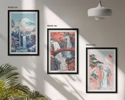 Set di 3 quadri con cascate, montagne, ponte e alberi