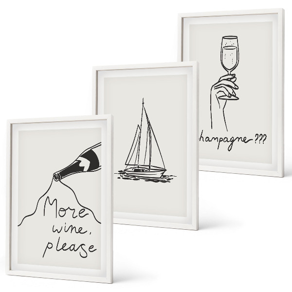 Set di 3 quadri Barca a vela da vino, disegno stilizzato