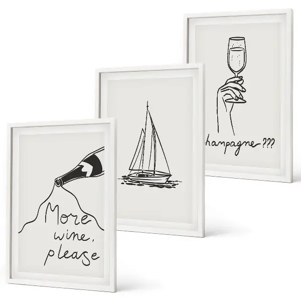 Set di 3 quadri con disegno stilizzato di barca a vela da vino
