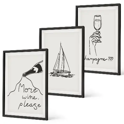 Set di 3 quadri con disegno stilizzato di barca a vela da vino