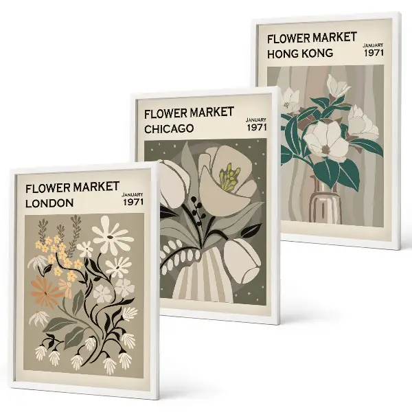 Composizione di quadri con stampe Fiere dei fiori Londra Chicago Hong Kong