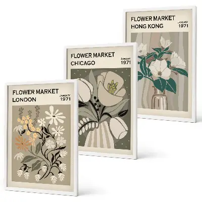 Composizione di quadri con stampe Fiere dei fiori Londra Chicago Hong Kong