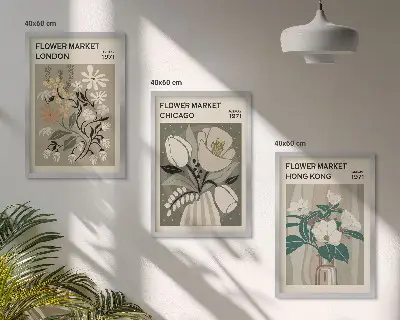 Composizione di quadri con stampe Fiere dei fiori Londra Chicago Hong Kong