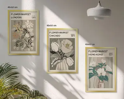 Composizione di quadri con stampe Fiere dei fiori Londra Chicago Hong Kong