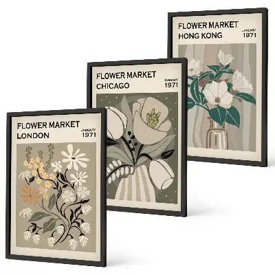 Composizione di quadri con stampe Fiere dei fiori Londra Chicago Hong Kong