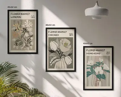 Composizione di quadri con stampe Fiere dei fiori Londra Chicago Hong Kong