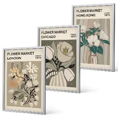 Composizione di quadri con stampe Fiere dei fiori Londra Chicago Hong Kong
