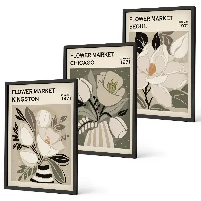 Set di quadri incorniciati motivo Fiori con design retrò Kingston Seoul Chicago