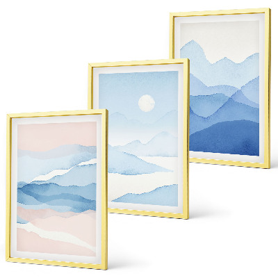 Composizione di quadri montagne blu e rosa ad acquerello