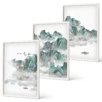 Set di 3 quadri con stampa di montagne, nuvole, uccelli e barca in stile giapponese