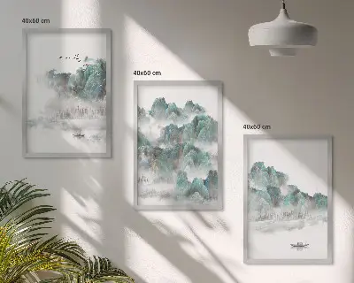 Set di 3 quadri con stampa di montagne, nuvole, uccelli e barca in stile giapponese