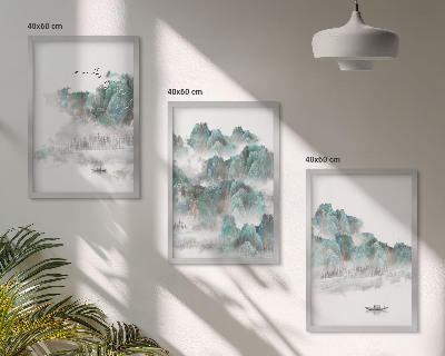 Set di 3 quadri Montagne, nuvole, uccelli, barca, giapponese