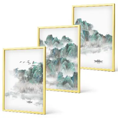 Set di 3 quadri con stampa di montagne, nuvole, uccelli e barca in stile giapponese