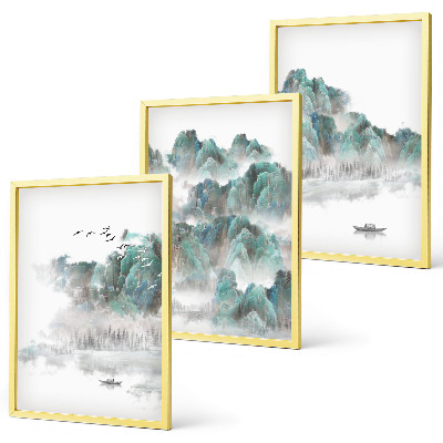 Set di 3 quadri Montagne, nuvole, uccelli, barca, giapponese