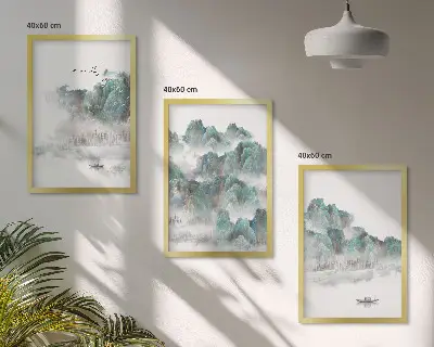 Set di 3 quadri con stampa di montagne, nuvole, uccelli e barca in stile giapponese