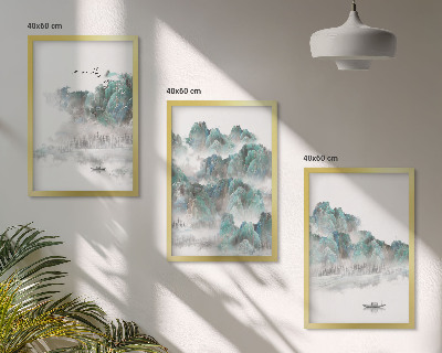 Set di 3 quadri Montagne, nuvole, uccelli, barca, giapponese