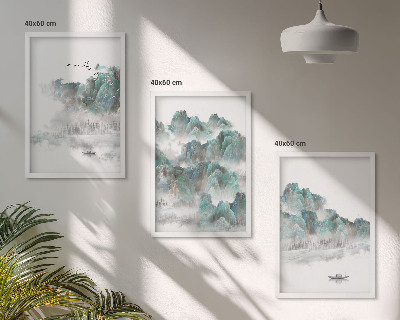 Set di 3 quadri Montagne, nuvole, uccelli, barca, giapponese