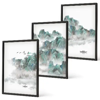 Set di 3 quadri con stampa di montagne, nuvole, uccelli e barca in stile giapponese