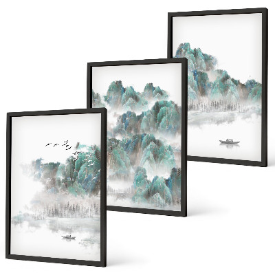 Set di 3 quadri Montagne, nuvole, uccelli, barca, giapponese