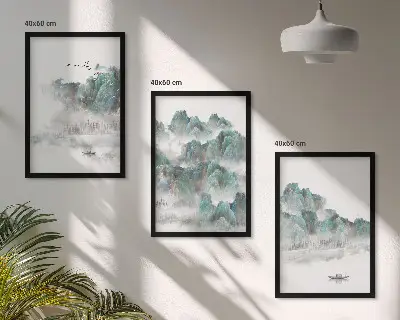 Set di 3 quadri con stampa di montagne, nuvole, uccelli e barca in stile giapponese