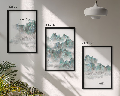 Set di 3 quadri Montagne, nuvole, uccelli, barca, giapponese