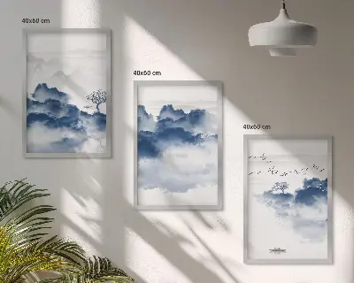 Composizione di quadri con montagne, nuvole, alberi e uccelli