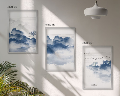 Composizione di quadri Montagne, nuvole, alberi, uccelli