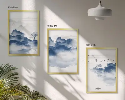 Composizione di quadri con montagne, nuvole, alberi e uccelli