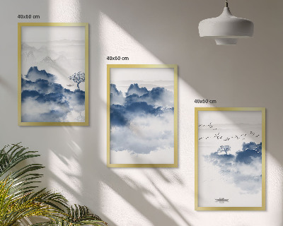 Composizione di quadri Montagne, nuvole, alberi, uccelli