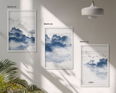 Composizione di quadri Montagne, nuvole, alberi, uccelli