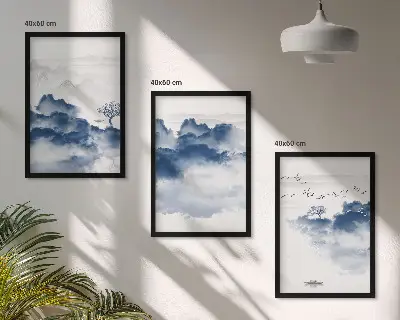 Composizione di quadri con montagne, nuvole, alberi e uccelli