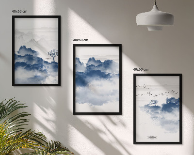 Composizione di quadri Montagne, nuvole, alberi, uccelli