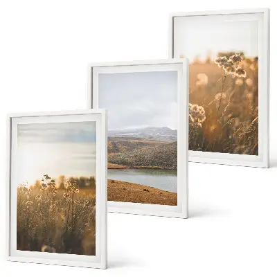 Set di 3 quadri con paesaggio di lago tra montagne e prati