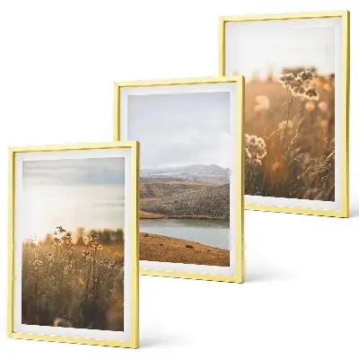 Set di 3 quadri con paesaggio di lago tra montagne e prati