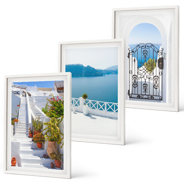 Set di 3 quadri Scale bianche piante porta sul mare
