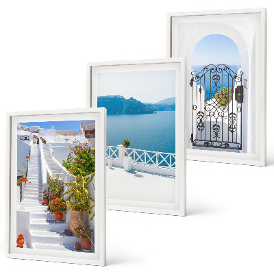 Set di 3 quadri Scale bianche piante porta sul mare