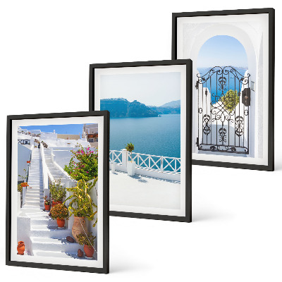 Set di 3 quadri Scale bianche piante porta sul mare