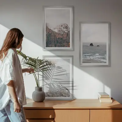 Set di 3 quadri raffiguranti montagne, nuvole, mare e paesaggi naturali con sabbia