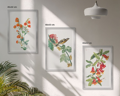 Set di 3 quadri Fiori dipinti e un uccello