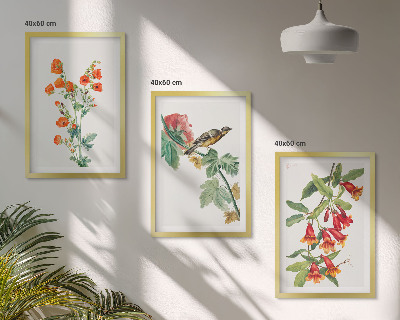 Set di 3 quadri Fiori dipinti e un uccello