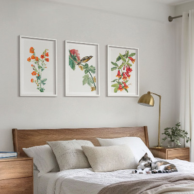 Set di 3 quadri Fiori dipinti e un uccello