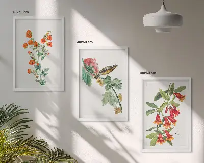 Set di 3 quadri con fiori dipinti e un uccello