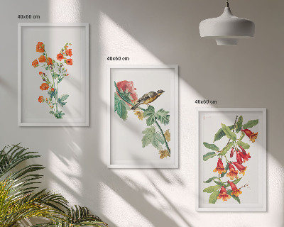 Set di 3 quadri Fiori dipinti e un uccello